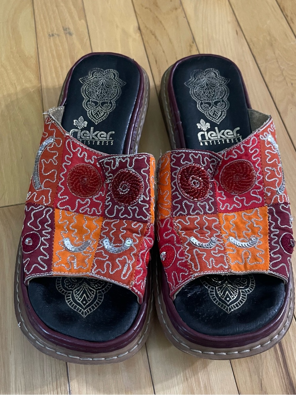 Rieker Antistress Women's Embroidered Red Orange Patchwork Slide Sandals Size 41